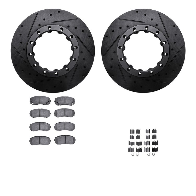 8512-72083 Drilled/Slotted Brake Rotors w/5000 Advanced Brake Pads Kit & Hardware [Black], 2010-2011 Freightliner, Position: Rea