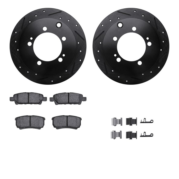 8512-72084 Drilled/Slotted Brake Rotors w/5000 Advanced Brake Pads Kit & Hardware [Black], 2004-2007 Mitsubishi, Position: Rear