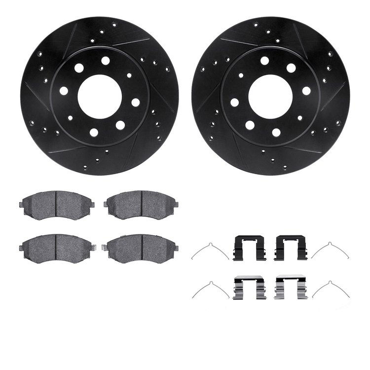 8512-72085 Drilled/Slotted Brake Rotors w/5000 Advanced Brake Pads Kit & Hardware [Black], 1999-2001 Kia/Hyundai/Genesis, Positi