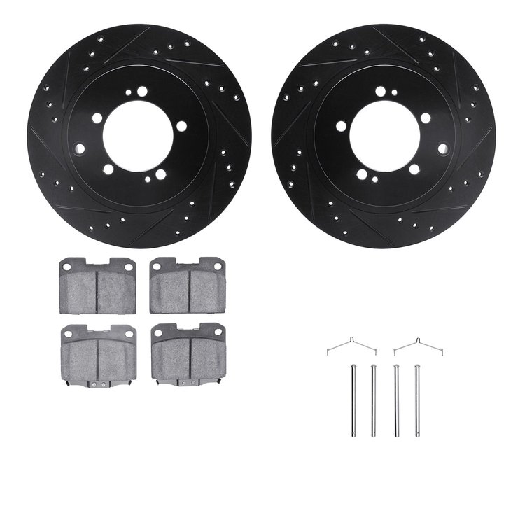 8512-72183 Drilled/Slotted Brake Rotors w/5000 Advanced Brake Pads Kit & Hardware [Black], 1993-1999 Multiple Makes/Models, Posi