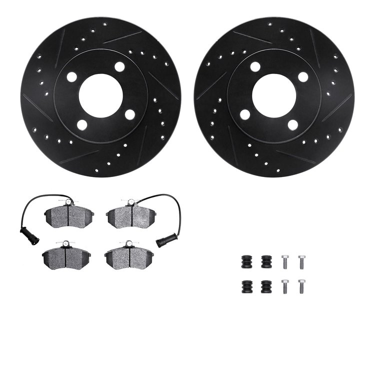 8512-73000 Drilled/Slotted Brake Rotors w/5000 Advanced Brake Pads Kit & Hardware [Black], 1983-1991 Audi/Volkswagen, Position: 