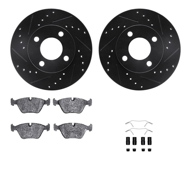 8512-73001 Drilled/Slotted Brake Rotors w/5000 Advanced Brake Pads Kit & Hardware [Black], 1989-1991 Audi/Volkswagen, Position: 