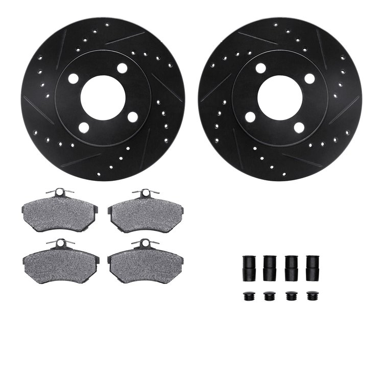 8512-73002 Drilled/Slotted Brake Rotors w/5000 Advanced Brake Pads Kit & Hardware [Black], 1988-1992 Audi/Volkswagen, Position: 