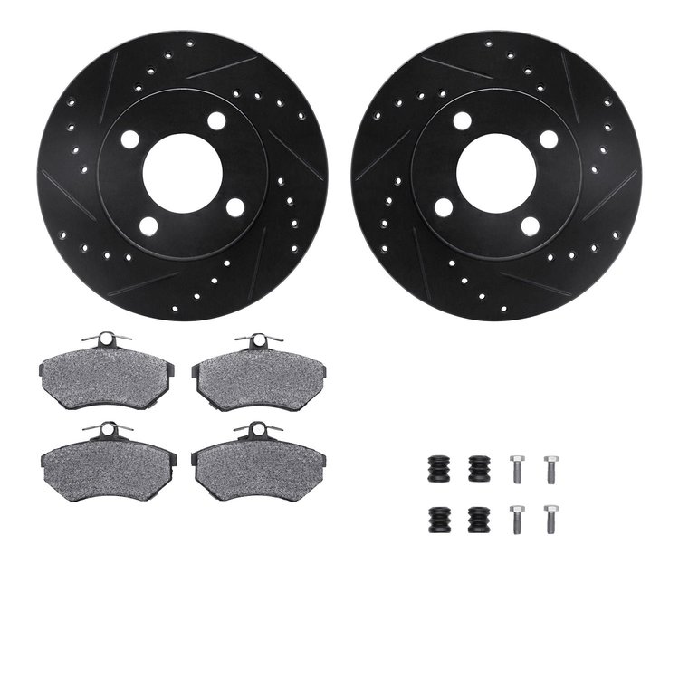8512-73003 Drilled/Slotted Brake Rotors w/5000 Advanced Brake Pads Kit & Hardware [Black], 1980-1992 Audi/Volkswagen, Position: 