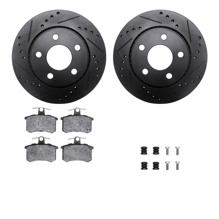 8512-73004 Drilled/Slotted Brake Rotors w/5000 Advanced Brake Pads Kit & Hardware [Black], 1986-1991 Audi/Volkswagen, Position: 