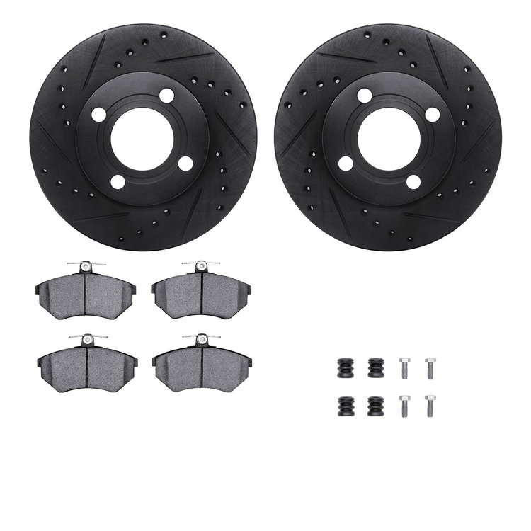 8512-73008 Drilled/Slotted Brake Rotors w/5000 Advanced Brake Pads Kit & Hardware [Black], 1984-1987 Audi/Volkswagen, Position: 