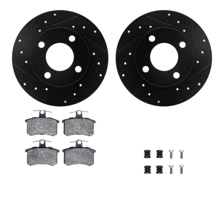 8512-73010 Drilled/Slotted Brake Rotors w/5000 Advanced Brake Pads Kit & Hardware [Black], 1982-1998 Audi/Volkswagen, Position: 
