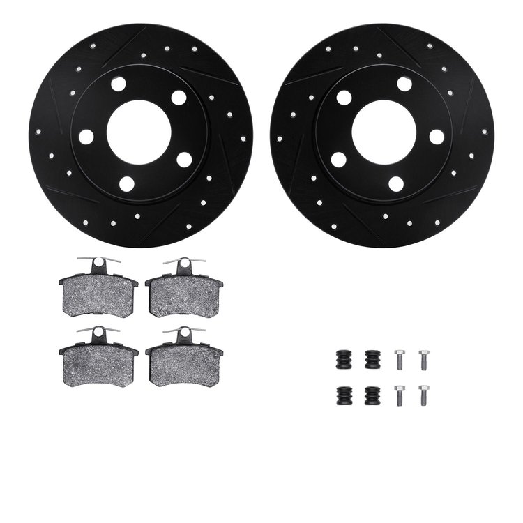 8512-73012 Drilled/Slotted Brake Rotors w/5000 Advanced Brake Pads Kit & Hardware [Black], 1986-2000 Audi/Volkswagen, Position: 