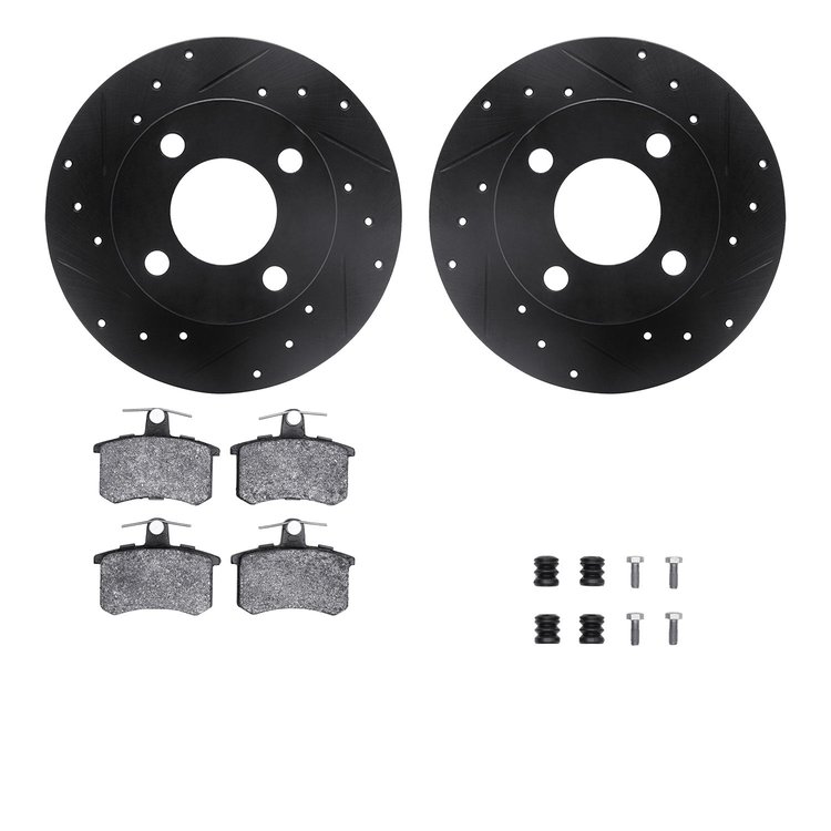 8512-73013 Drilled/Slotted Brake Rotors w/5000 Advanced Brake Pads Kit & Hardware [Black], 1989-1991 Audi/Volkswagen, Position: 