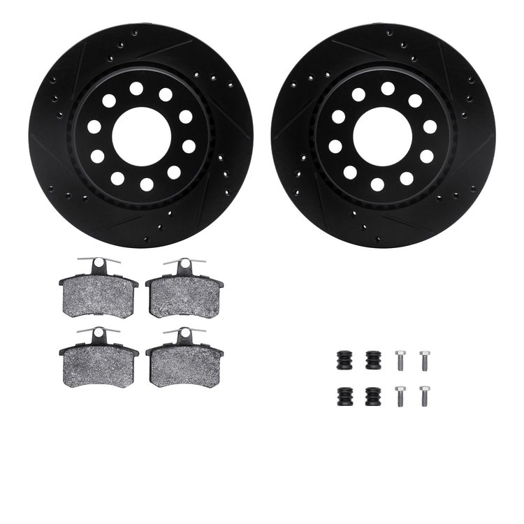8512-73014 Drilled/Slotted Brake Rotors w/5000 Advanced Brake Pads Kit & Hardware [Black], 1990-1997 Audi/Volkswagen, Position: 