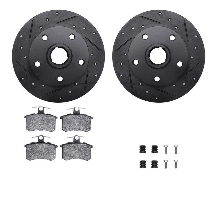 8512-73018 Drilled/Slotted Brake Rotors w/5000 Advanced Brake Pads Kit & Hardware [Black], 1996-1997 Audi/Volkswagen, Position: 