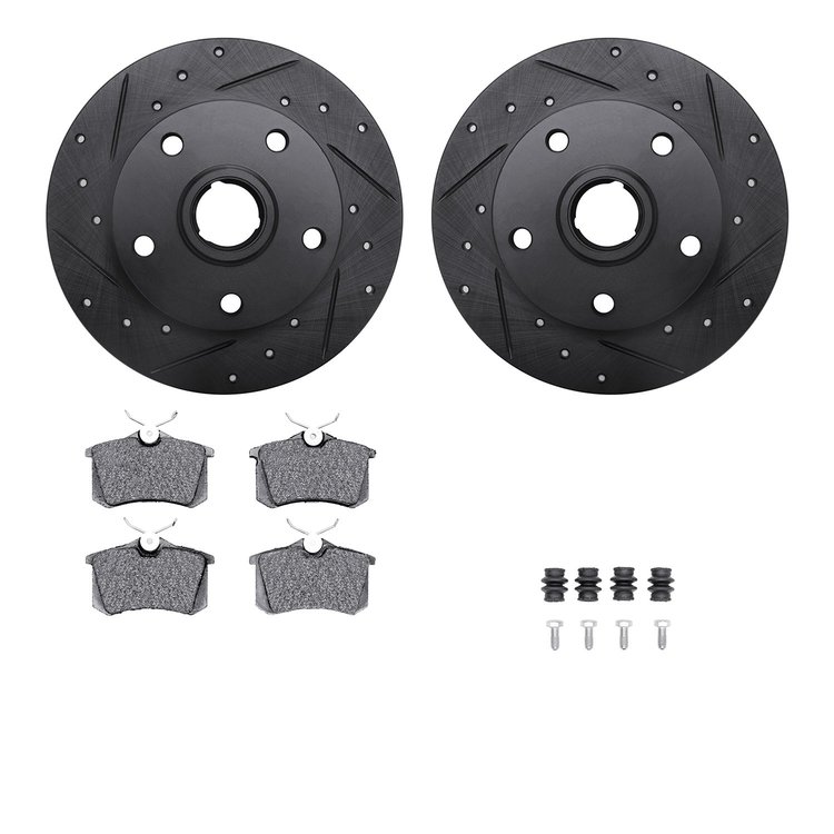 8512-73019 Drilled/Slotted Brake Rotors w/5000 Advanced Brake Pads Kit & Hardware [Black], 1997-2001 Audi/Volkswagen, Position: 
