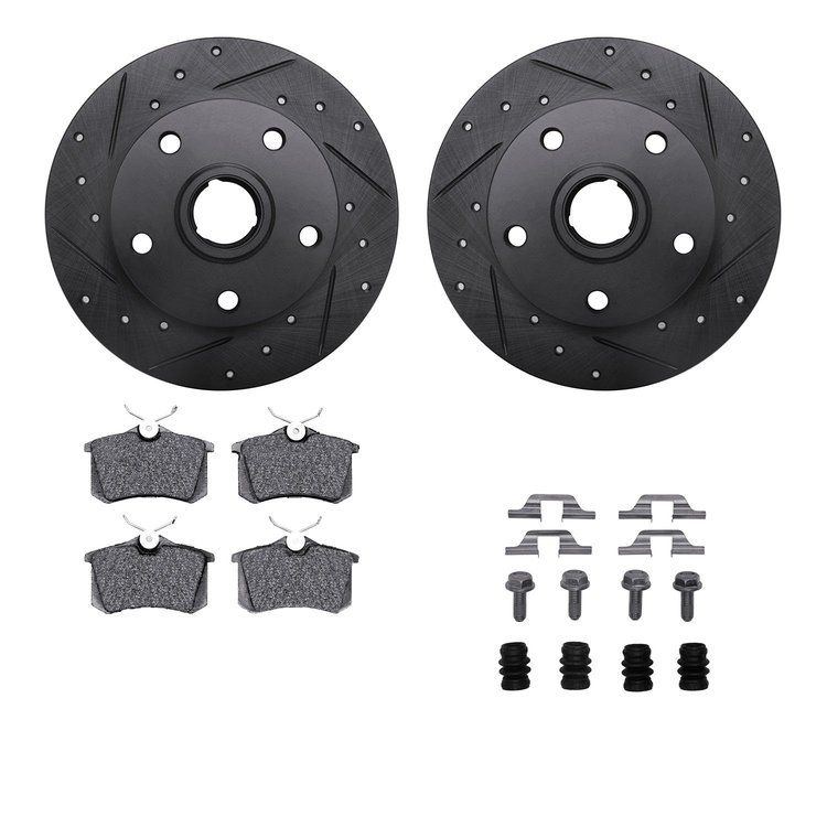 8512-73021 Drilled/Slotted Brake Rotors w/5000 Advanced Brake Pads Kit & Hardware [Black], 2000-2008 Audi/Volkswagen, Position: 