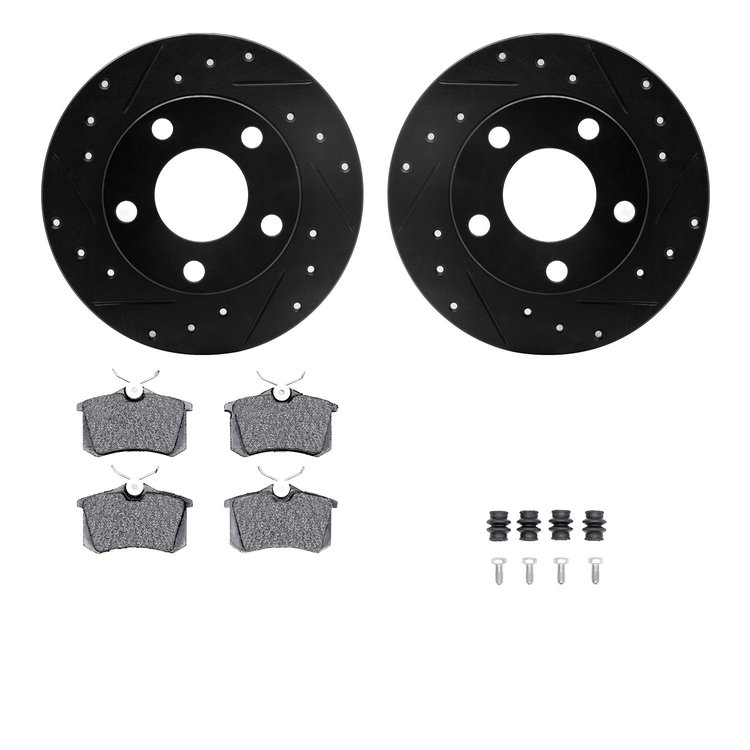 8512-73025 Drilled/Slotted Brake Rotors w/5000 Advanced Brake Pads Kit & Hardware [Black], 1998-1998 Audi/Volkswagen, Position: 