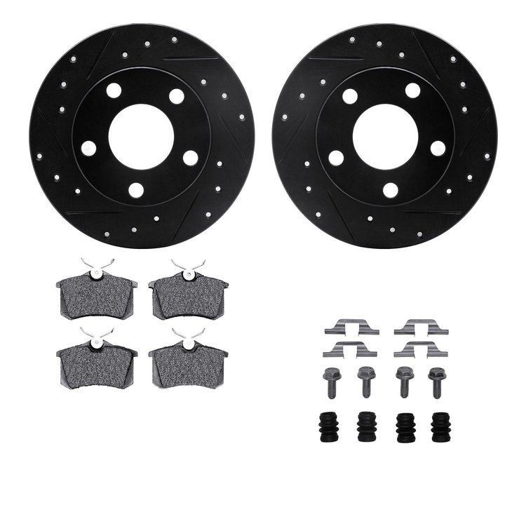 8512-73026 Drilled/Slotted Brake Rotors w/5000 Advanced Brake Pads Kit & Hardware [Black], 1999-2001 Audi/Volkswagen, Position: 