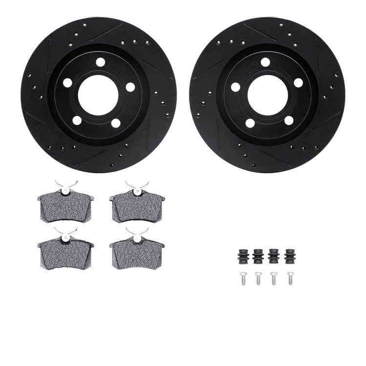 8512-73028 Drilled/Slotted Brake Rotors w/5000 Advanced Brake Pads Kit & Hardware [Black], 2000-2003 Audi/Volkswagen, Position: 