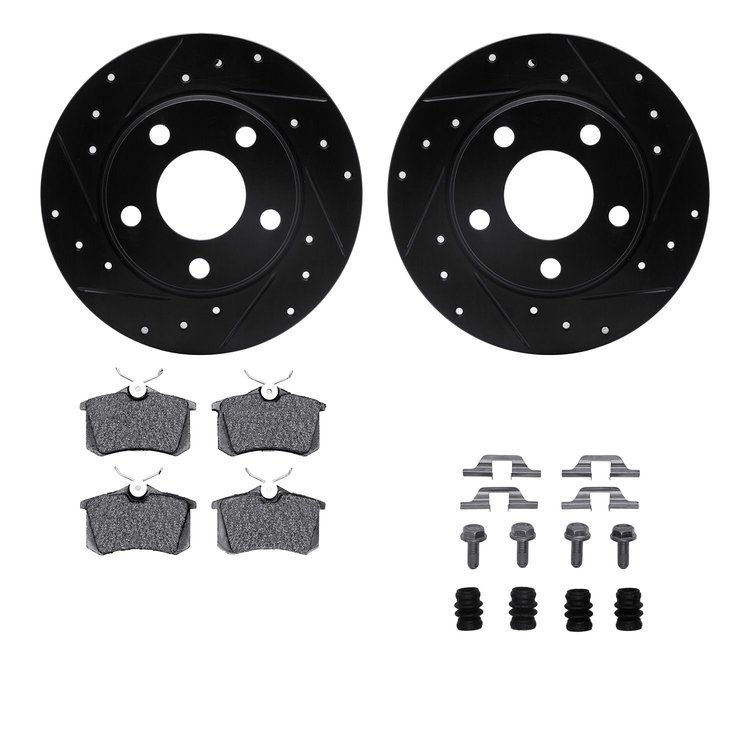 8512-73030 Drilled/Slotted Brake Rotors w/5000 Advanced Brake Pads Kit & Hardware [Black], 1999-2002 Audi/Volkswagen, Position: 