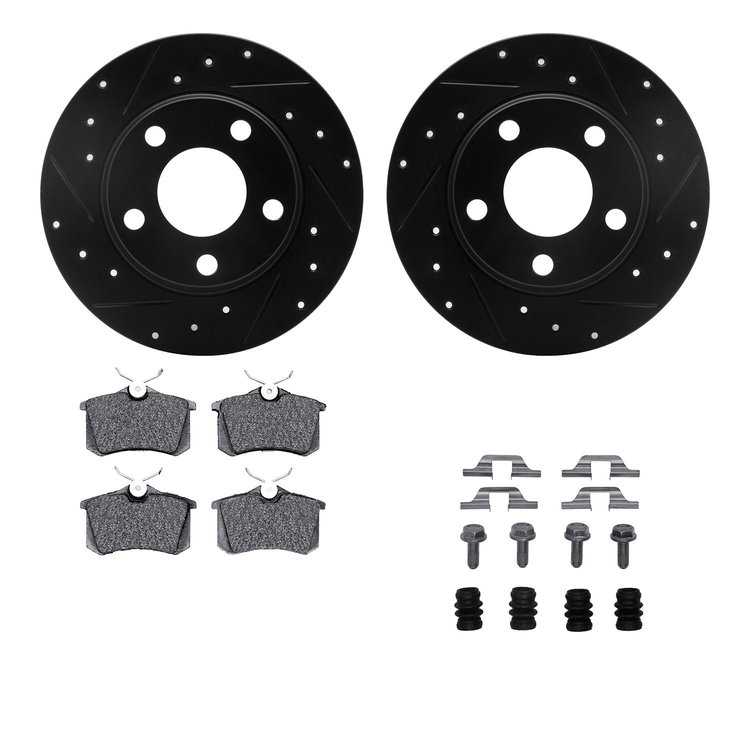8512-73031 Drilled/Slotted Brake Rotors w/5000 Advanced Brake Pads Kit & Hardware [Black], 1999-2004 Audi/Volkswagen, Position: 