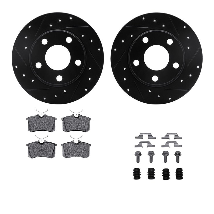 8512-73032 Drilled/Slotted Brake Rotors w/5000 Advanced Brake Pads Kit & Hardware [Black], 2001-2005 Audi/Volkswagen, Position: 