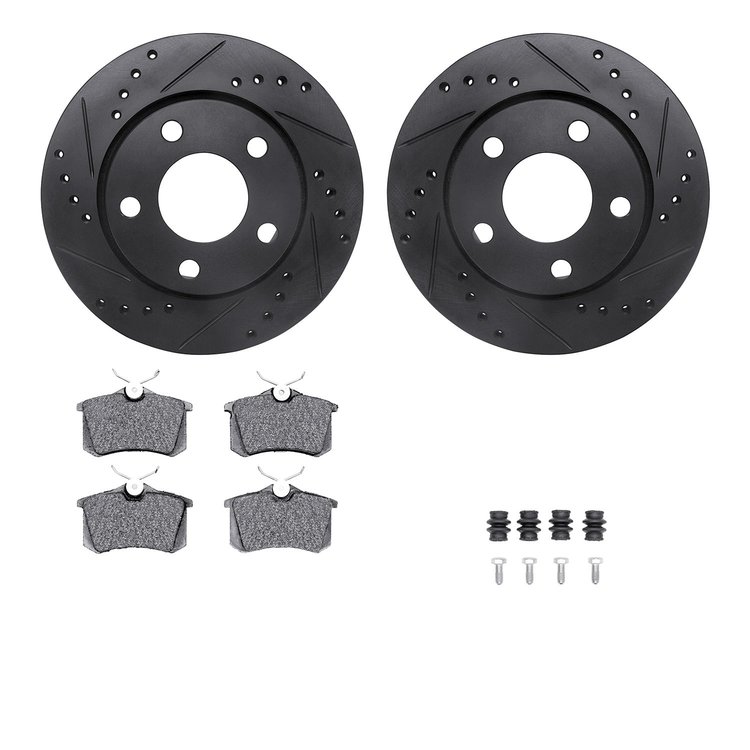8512-73034 Drilled/Slotted Brake Rotors w/5000 Advanced Brake Pads Kit & Hardware [Black], 2000-2002 Audi/Volkswagen, Position: 