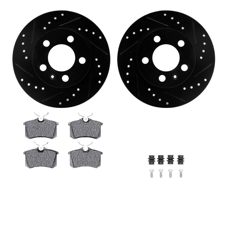 8512-73036 Drilled/Slotted Brake Rotors w/5000 Advanced Brake Pads Kit & Hardware [Black], 2001-2006 Audi/Volkswagen, Position: 