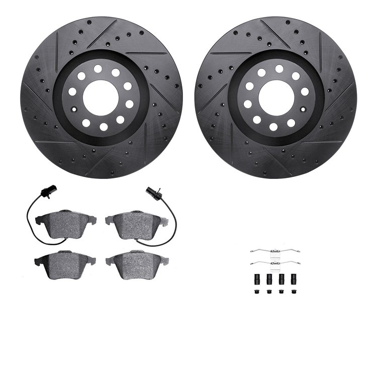 8512-73041 Drilled/Slotted Brake Rotors w/5000 Advanced Brake Pads Kit & Hardware [Black], 2000-2009 Audi/Volkswagen, Position: 