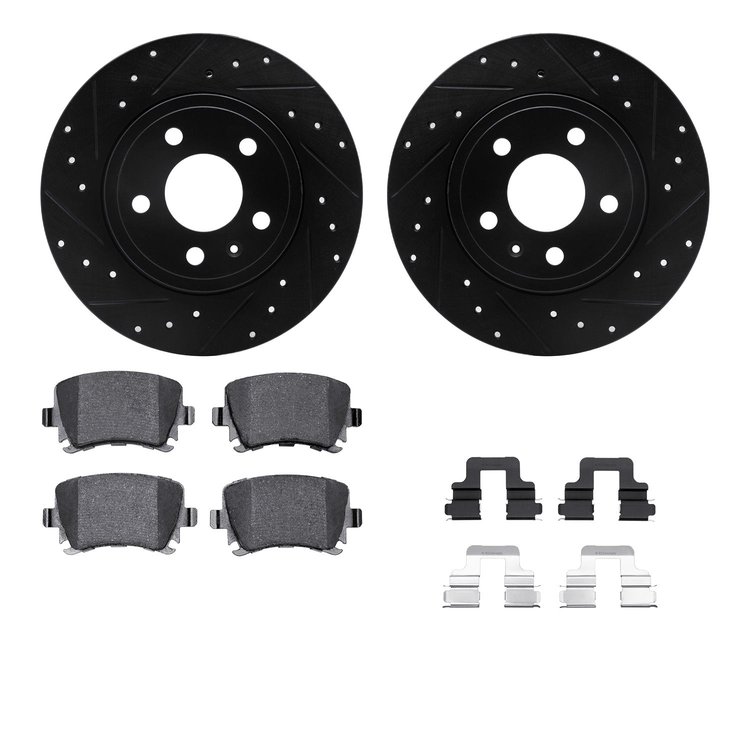 8512-73042 Drilled/Slotted Brake Rotors w/5000 Advanced Brake Pads Kit & Hardware [Black], 2005-2009 Audi/Volkswagen, Position: 