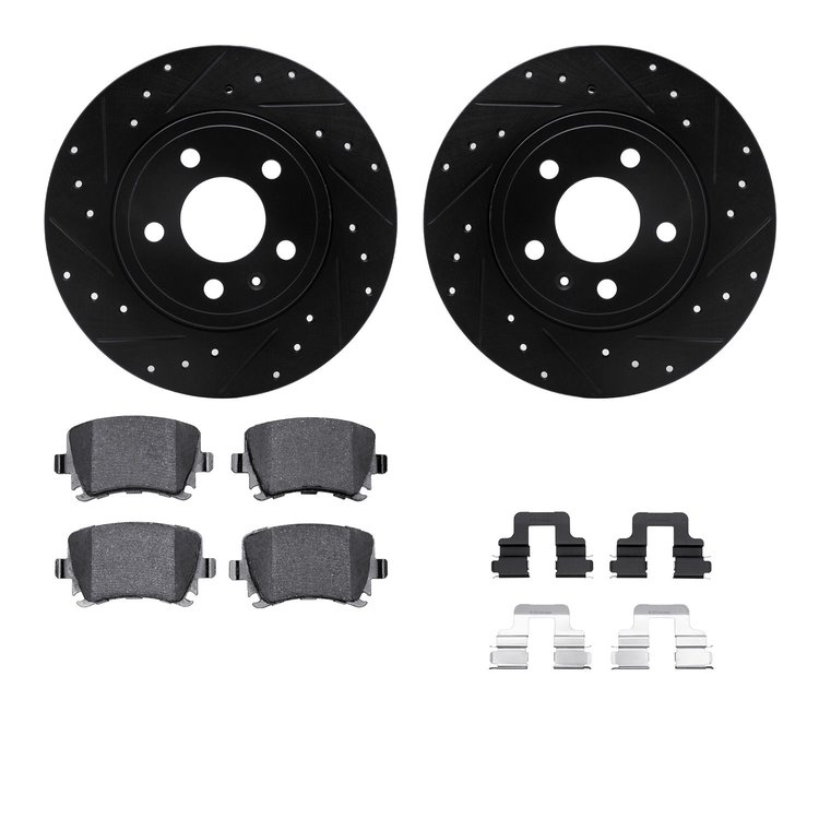 8512-73043 Drilled/Slotted Brake Rotors w/5000 Advanced Brake Pads Kit & Hardware [Black], 2000-2008 Audi/Volkswagen, Position: 