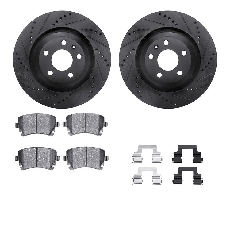 8512-73045 Drilled/Slotted Brake Rotors w/5000 Advanced Brake Pads Kit & Hardware [Black], 2005-2011 Audi/Volkswagen, Position: 