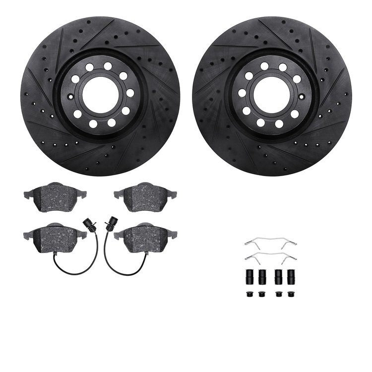 8512-73054 Drilled/Slotted Brake Rotors w/5000 Advanced Brake Pads Kit & Hardware [Black], 1997-2000 Audi/Volkswagen, Position: 