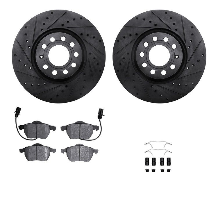 8512-73055 Drilled/Slotted Brake Rotors w/5000 Advanced Brake Pads Kit & Hardware [Black], 1999-2006 Audi/Volkswagen, Position: 