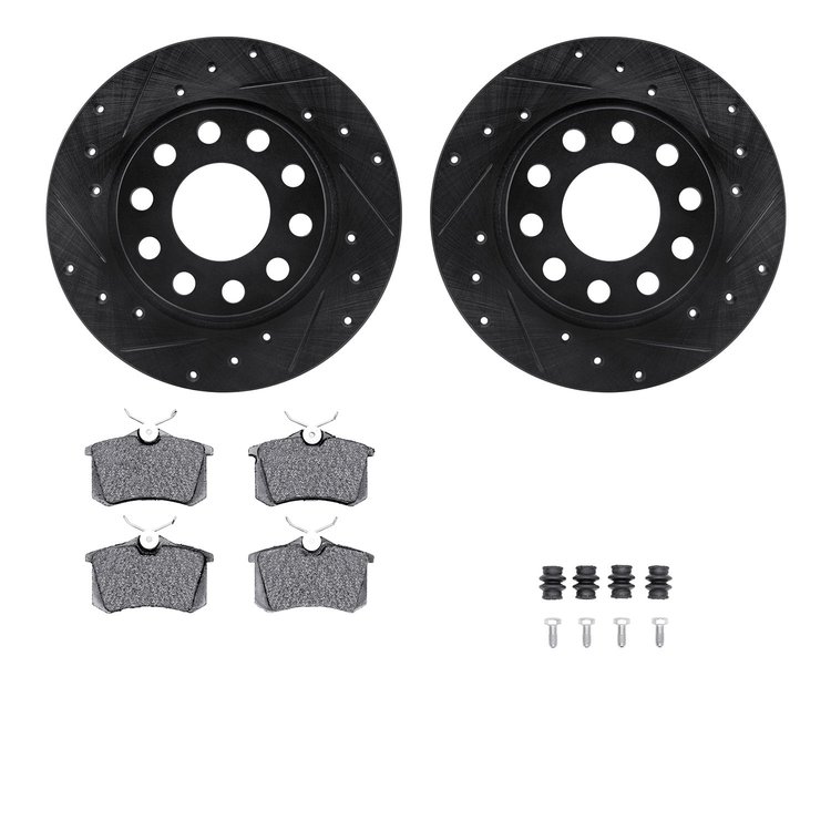 8512-73056 Drilled/Slotted Brake Rotors w/5000 Advanced Brake Pads Kit & Hardware [Black], 2002-2006 Audi/Volkswagen, Position: 