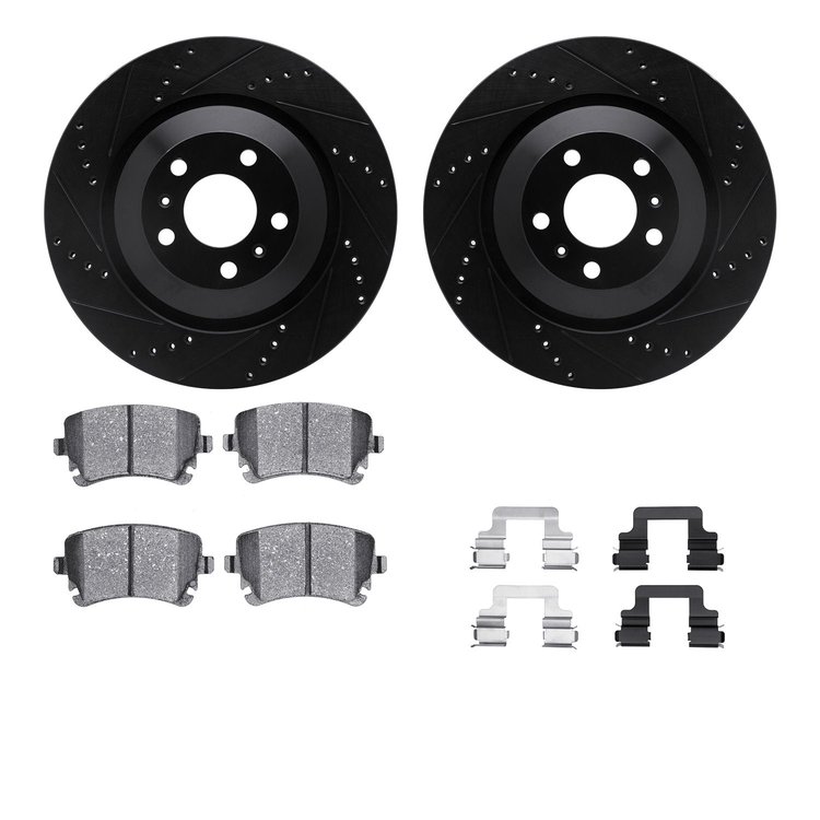 8512-73058 Drilled/Slotted Brake Rotors w/5000 Advanced Brake Pads Kit & Hardware [Black], 2004-2018 Multiple Makes/Models, Posi