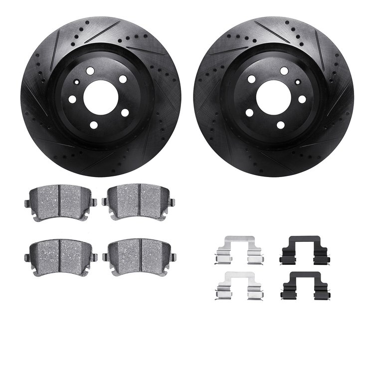 8512-73060 Drilled/Slotted Brake Rotors w/5000 Advanced Brake Pads Kit & Hardware [Black], 2007-2011 Audi/Volkswagen, Position: 