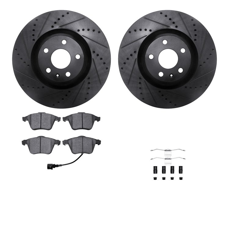 8512-73063 Drilled/Slotted Brake Rotors w/5000 Advanced Brake Pads Kit & Hardware [Black], 2008-2011 Audi/Volkswagen, Position: 