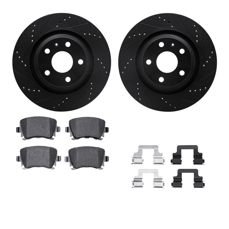 8512-73064 Drilled/Slotted Brake Rotors w/5000 Advanced Brake Pads Kit & Hardware [Black], 2012-2013 Audi/Volkswagen, Position: 