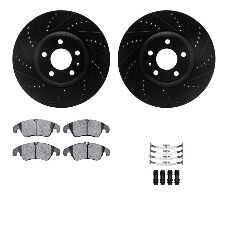 8512-73065 Drilled/Slotted Brake Rotors w/5000 Advanced Brake Pads Kit & Hardware [Black], 2009-2012 Audi/Volkswagen, Position: 