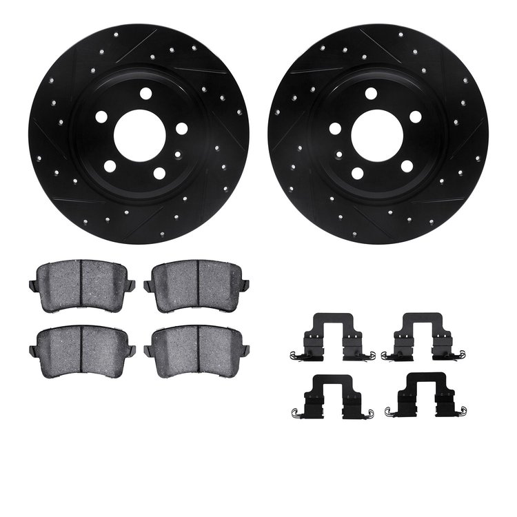8512-73069 Drilled/Slotted Brake Rotors w/5000 Advanced Brake Pads Kit & Hardware [Black], 2008-2016 Audi/Volkswagen, Position: 