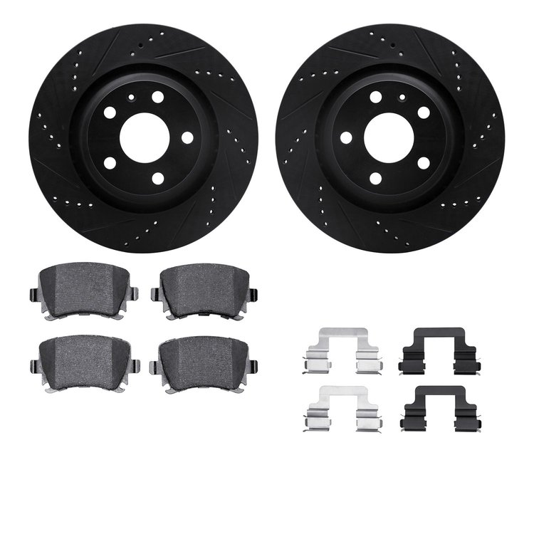 8512-73070 Drilled/Slotted Brake Rotors w/5000 Advanced Brake Pads Kit & Hardware [Black], 2008-2015 Audi/Volkswagen, Position: 