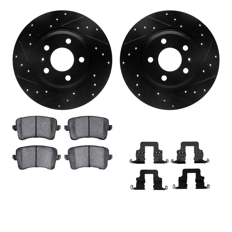 8512-73075 Drilled/Slotted Brake Rotors w/5000 Advanced Brake Pads Kit & Hardware [Black], 2012-2017 Audi/Volkswagen, Position: 