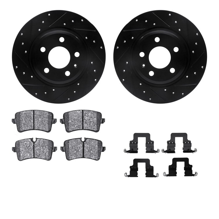 8512-73076 Drilled/Slotted Brake Rotors w/5000 Advanced Brake Pads Kit & Hardware [Black], 2012-2013 Audi/Volkswagen, Position: 