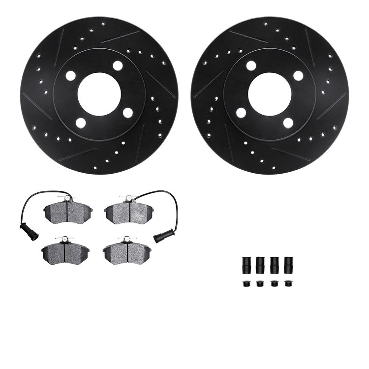 8512-73079 Drilled/Slotted Brake Rotors w/5000 Advanced Brake Pads Kit & Hardware [Black], 1983-1991 Audi/Volkswagen, Position: 