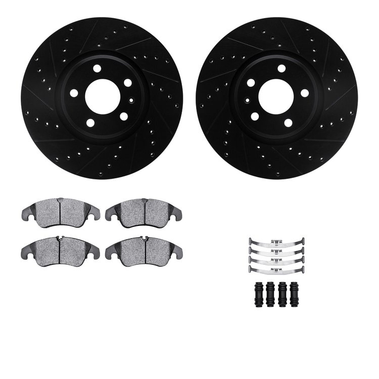 8512-73087 Drilled/Slotted Brake Rotors w/5000 Advanced Brake Pads Kit & Hardware [Black], 2012-2013 Audi/Volkswagen, Position: 