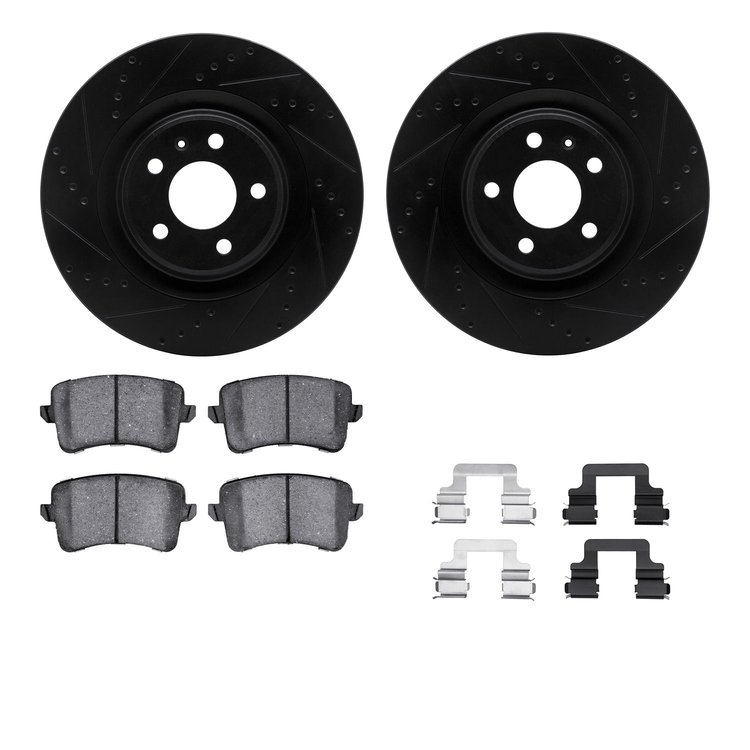 8512-73088 Drilled/Slotted Brake Rotors w/5000 Advanced Brake Pads Kit & Hardware [Black], 2013-2017 Audi/Volkswagen, Position: 