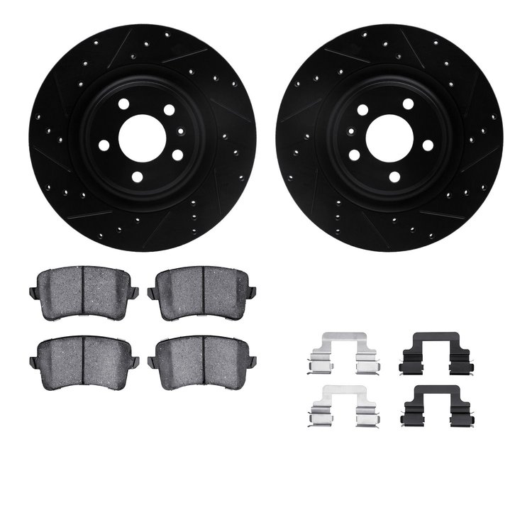 8512-73089 Drilled/Slotted Brake Rotors w/5000 Advanced Brake Pads Kit & Hardware [Black], 2008-2017 Audi/Volkswagen, Position: 