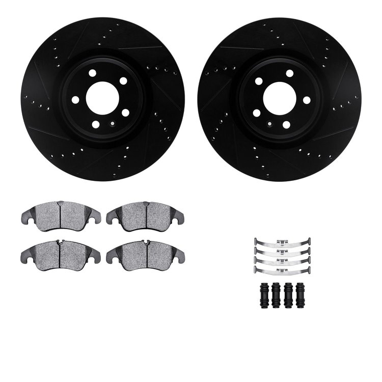 8512-73093 Drilled/Slotted Brake Rotors w/5000 Advanced Brake Pads Kit & Hardware [Black], 2012-2015 Audi/Volkswagen, Position: 
