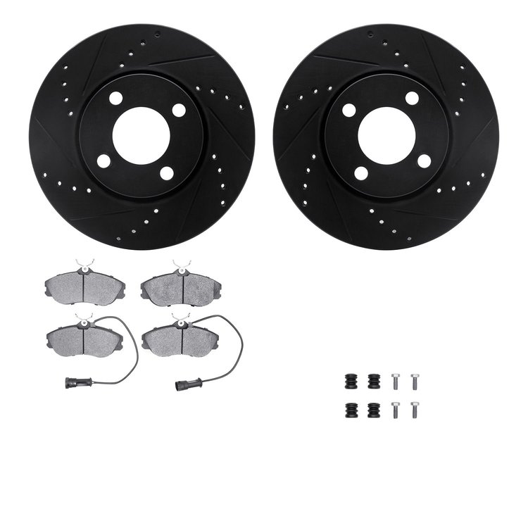 8512-73133 Drilled/Slotted Brake Rotors w/5000 Advanced Brake Pads Kit & Hardware [Black], 1990-1998 Audi/Volkswagen, Position: 