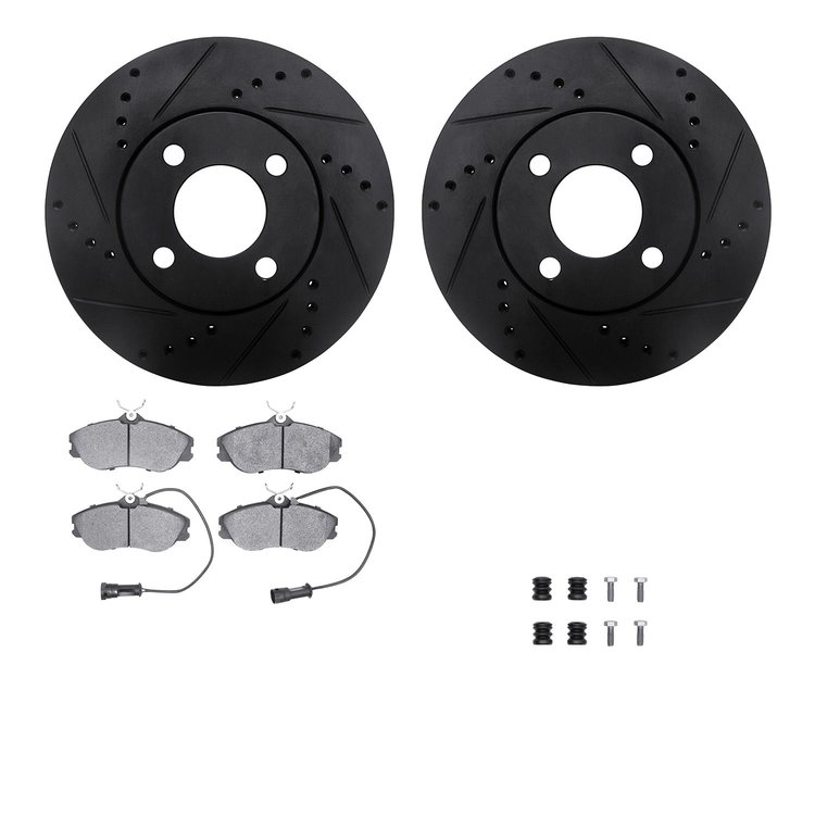 8512-73136 Drilled/Slotted Brake Rotors w/5000 Advanced Brake Pads Kit & Hardware [Black], 1990-1991 Audi/Volkswagen, Position: 