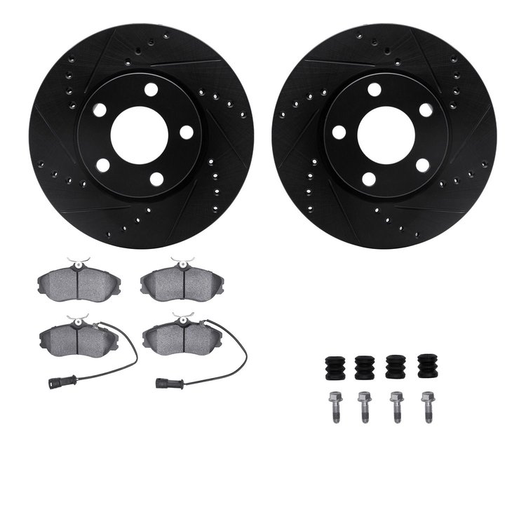 8512-73145 Drilled/Slotted Brake Rotors w/5000 Advanced Brake Pads Kit & Hardware [Black], 1990-1997 Audi/Volkswagen, Position: 