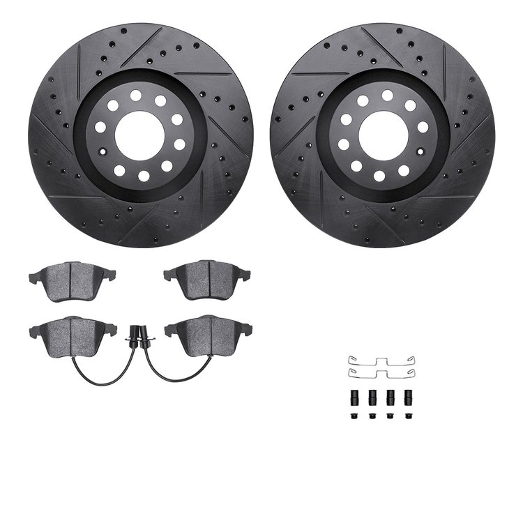 8512-73232 Drilled/Slotted Brake Rotors w/5000 Advanced Brake Pads Kit & Hardware [Black], 2001-2005 Audi/Volkswagen, Position: 
